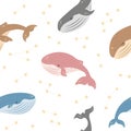 Vector kids dreamy seamless pattern. Whales with stars and constellations in boho colors. Baby animals. Baby shower. Nursery art.